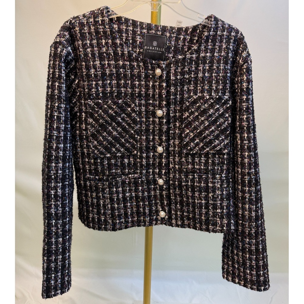 Bagatelle Women's XL Blazer Black White Metallic‎ Sparkle Tweed Cropped Jacket